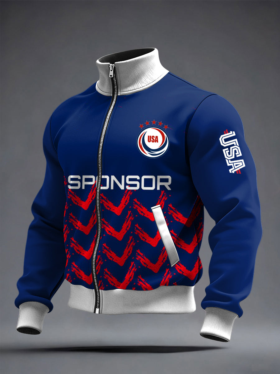 Men's World Cup US Printed long Sleeved Zipper Stand Up Collar Jacket