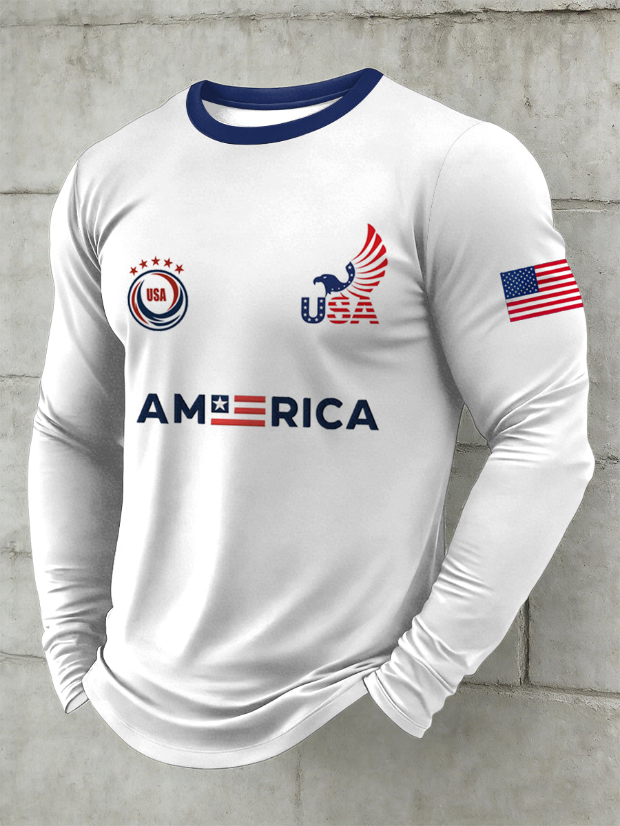 Men's World Cup USA Printed Long Sleeved Round Neck T-shirt