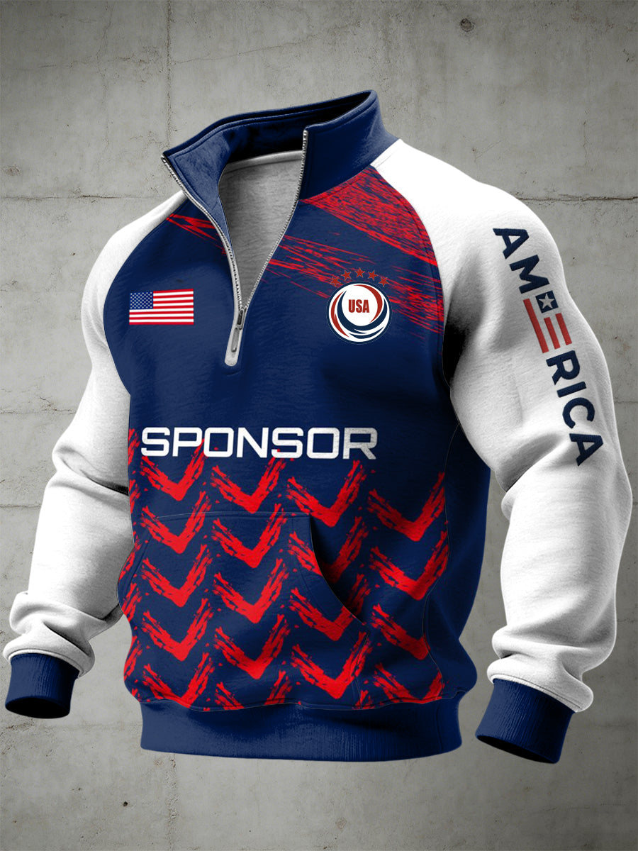 Men's USA Printed Half Zip Stand Up Collar With Raglan Sleeves Sweatshirt