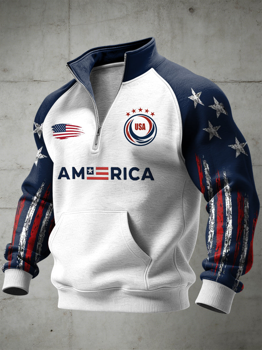 Men's USA Printed Half Zip Stand Up Collar With Raglan Sleeves Sweatshirt