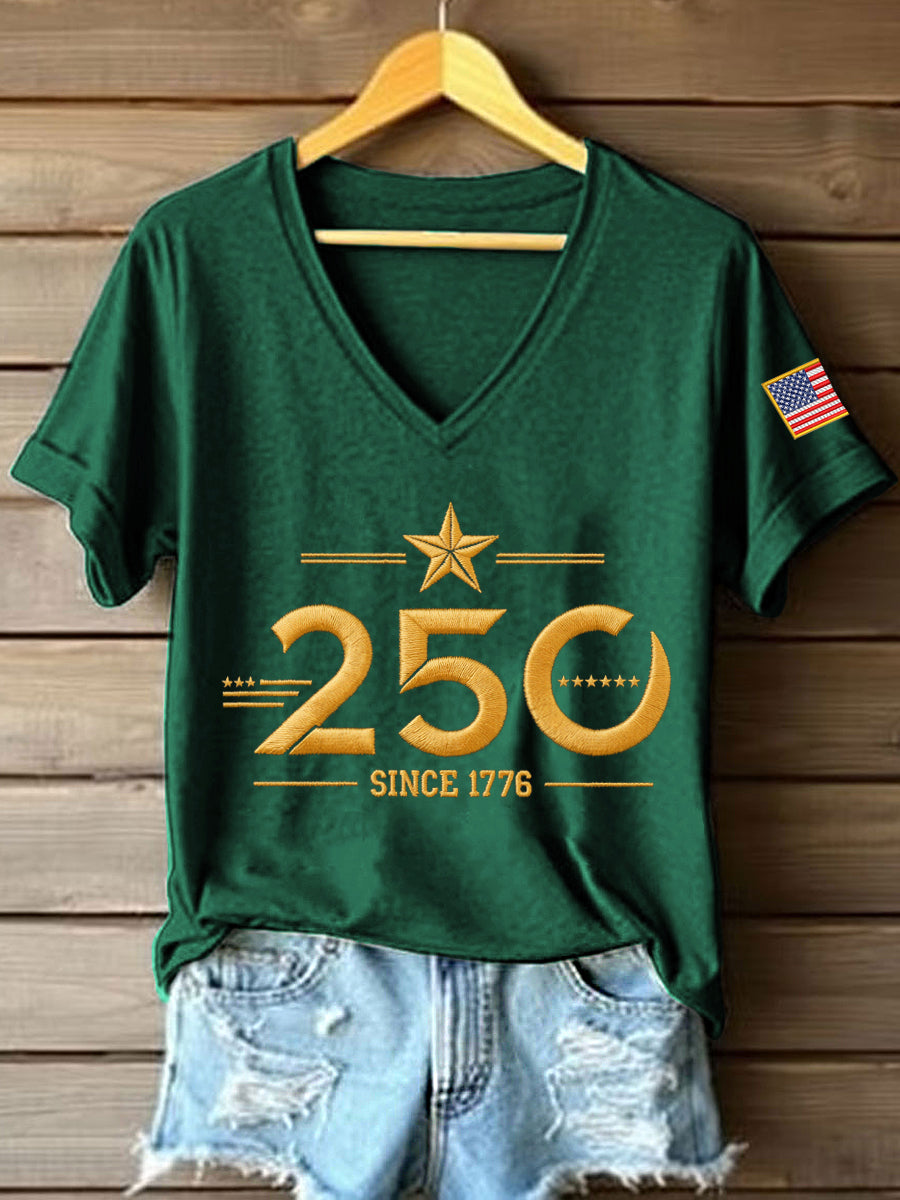 Women's America 1776–2026 Embroidered Pattern V-Neck T-Shirt