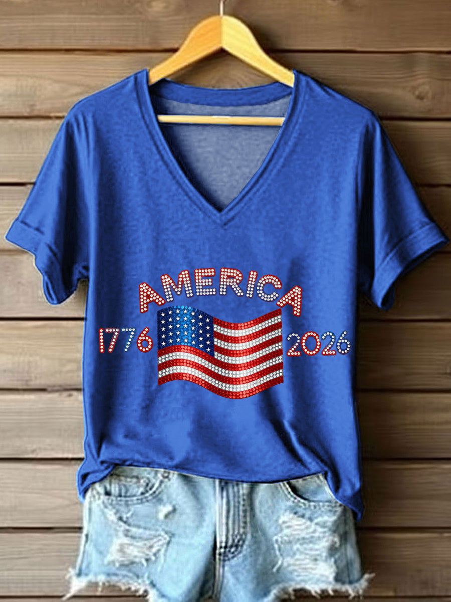Women's American 1776-2026 Rhinestone Pattern V-Neck T-Shirt