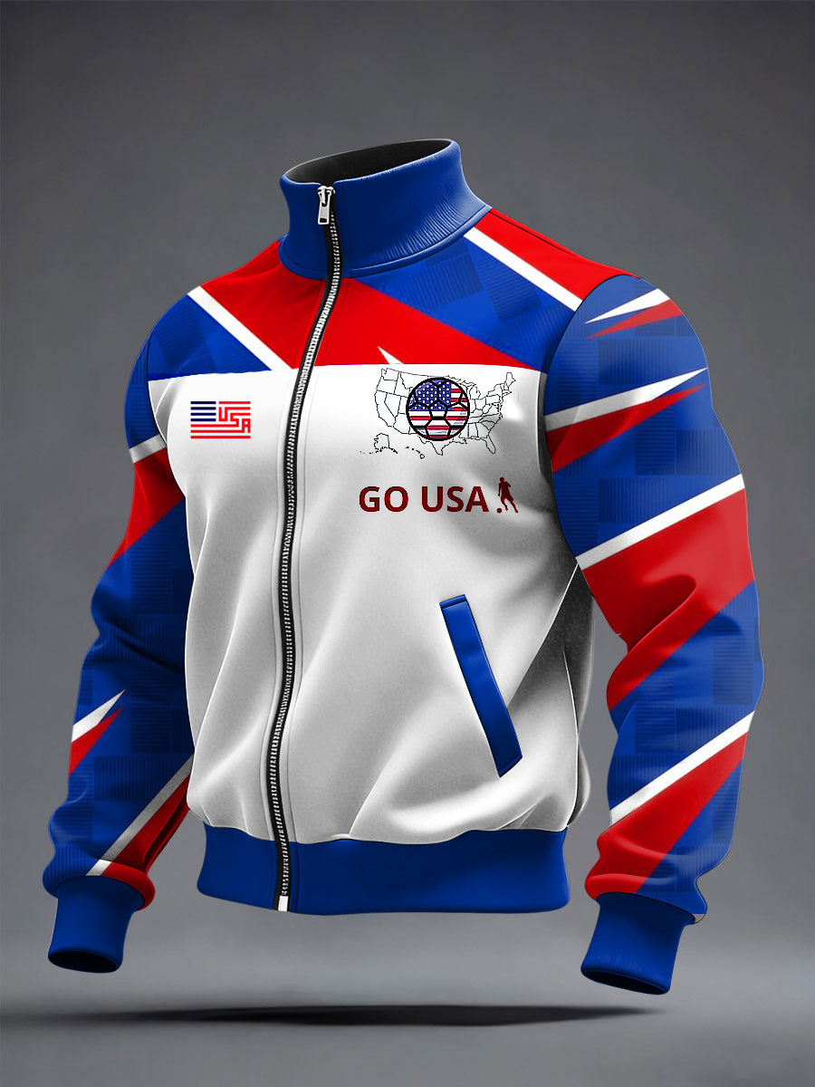 Men's World Cup US Printed long Sleeved Zipper Stand Up Collar Jacket