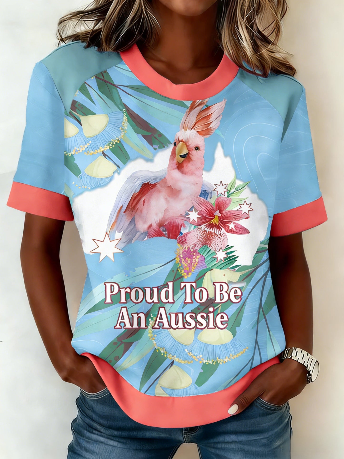 Women's Vintage Aussie Cute Pink Cockatoo Casual Comfortable Short Sleeve T-Shirt