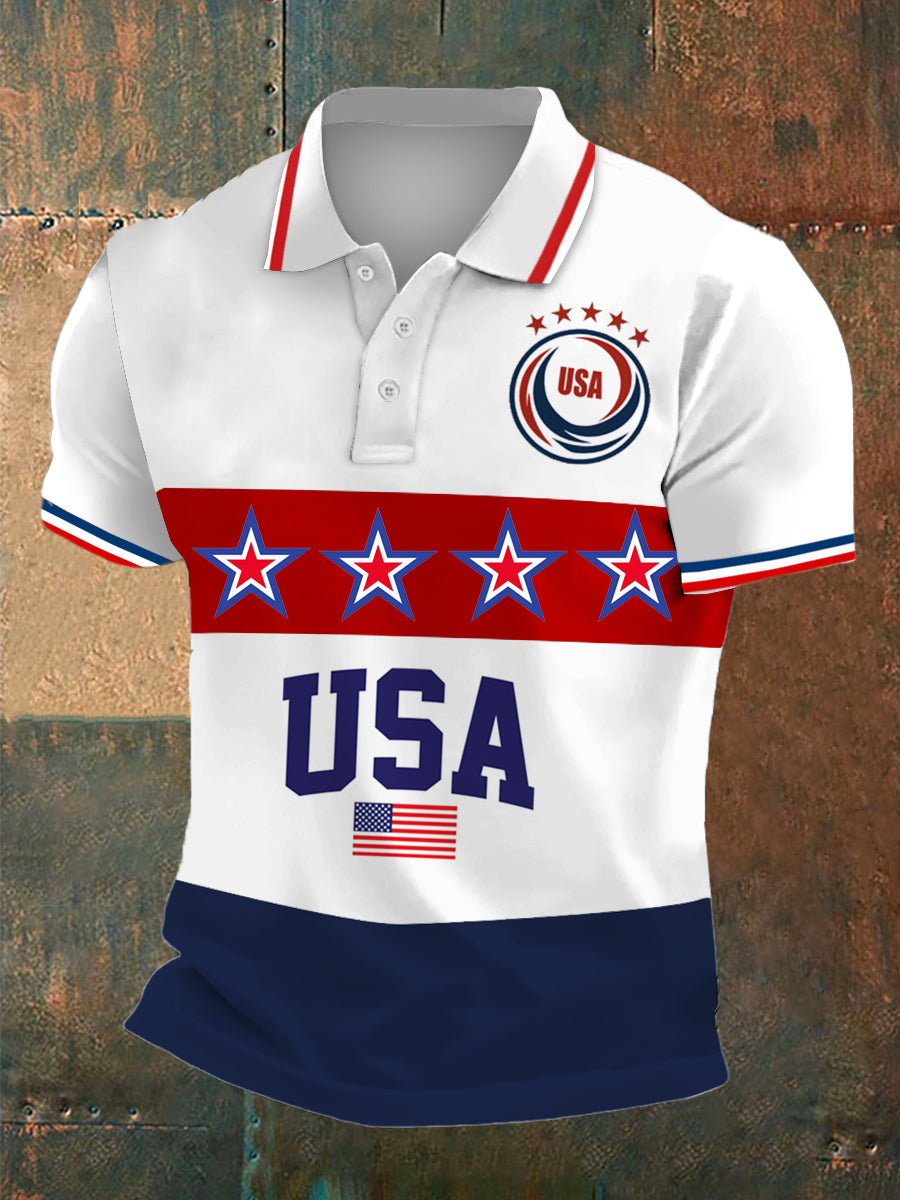 Men's World Cup USA Print Polo Collar Casual Short Sleeved Shirt