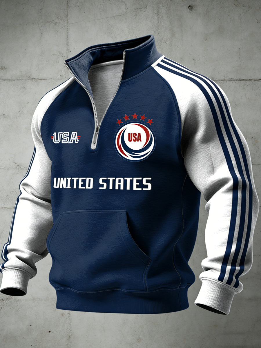 Men's USA Printed Half Zip Stand Up Collar With Raglan Sleeves Sweatshirt