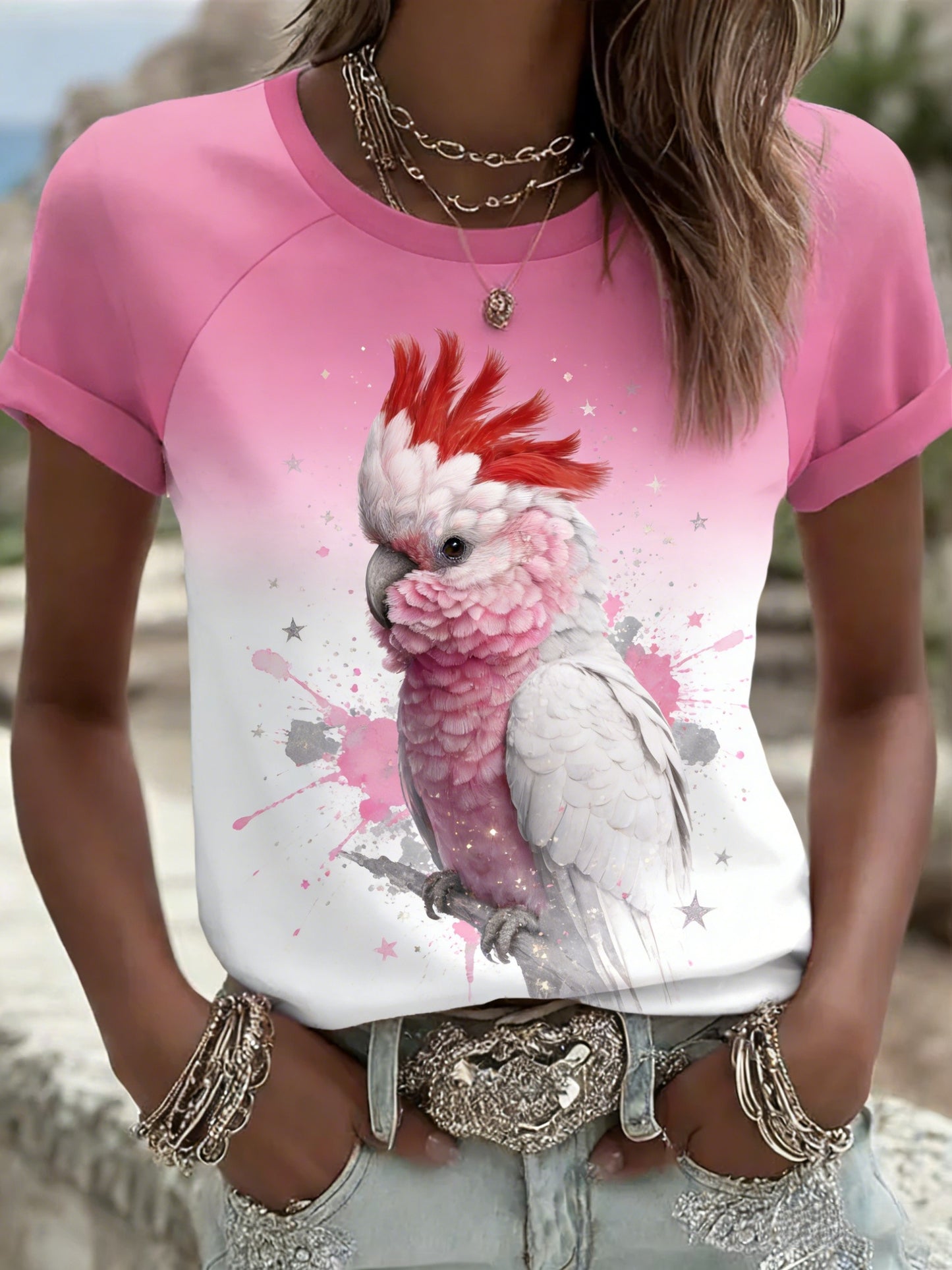 Women's Vintage Aussie Cute Pink Cockatoo Casual Comfortable Short Sleeve T-Shirt
