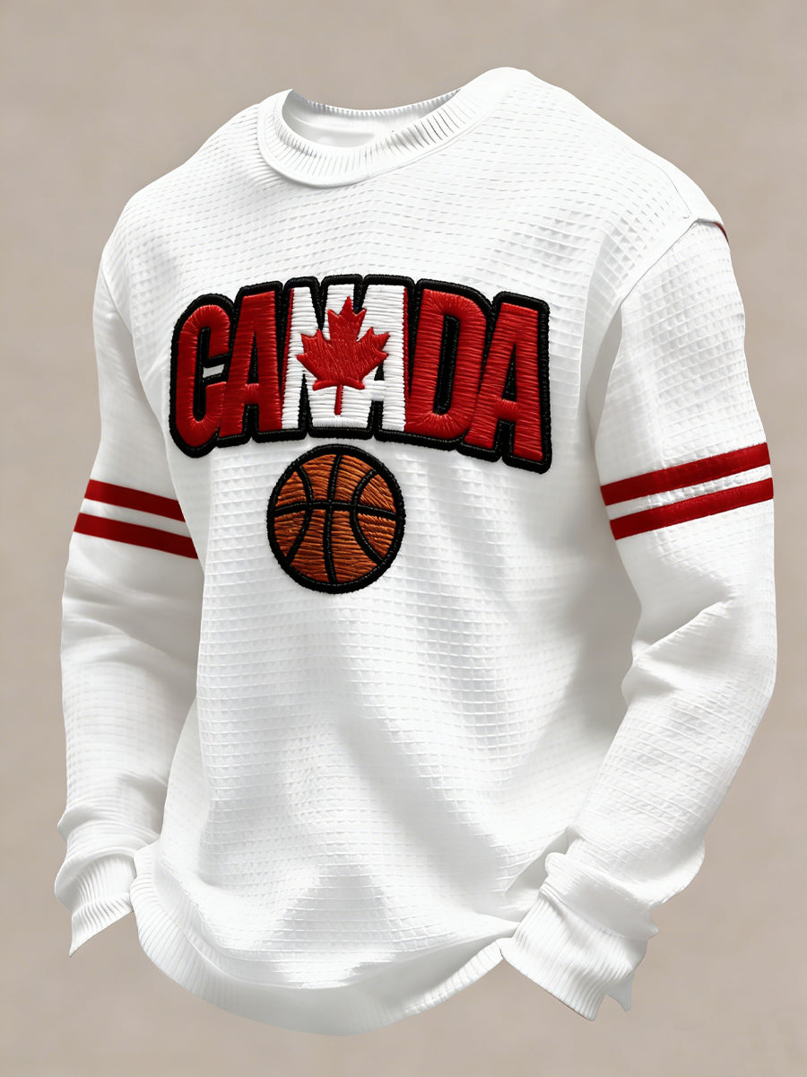 Retro Canadian Basketball Enthusiast Casual Waffle-Weave T-Shirt