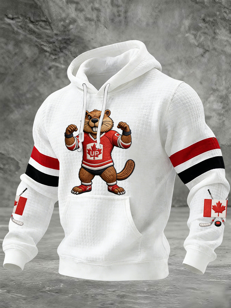 Retro Canadian Beaver Hockey Casual Waffle Hoodie