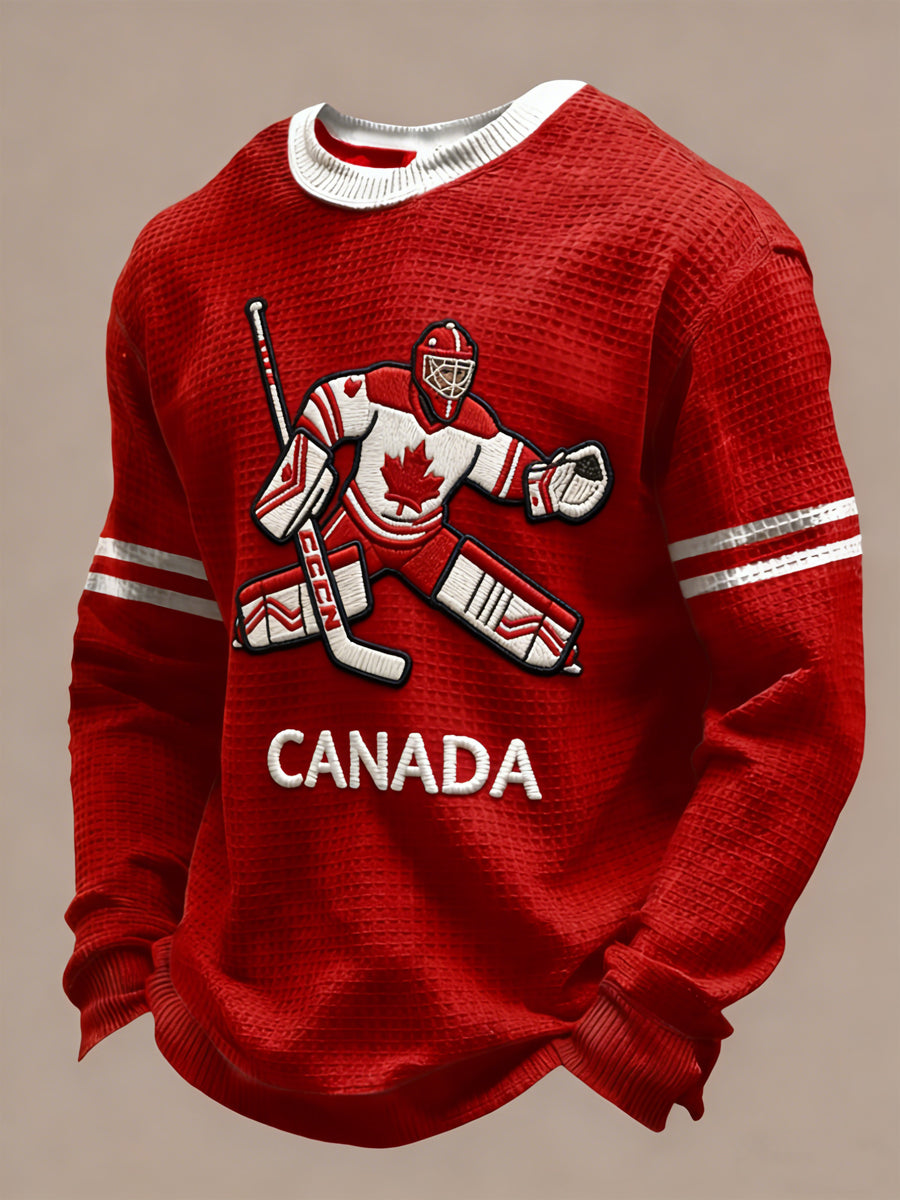 Retro Canadian Hockey Sports Casual Waffle Weave T-Shirt