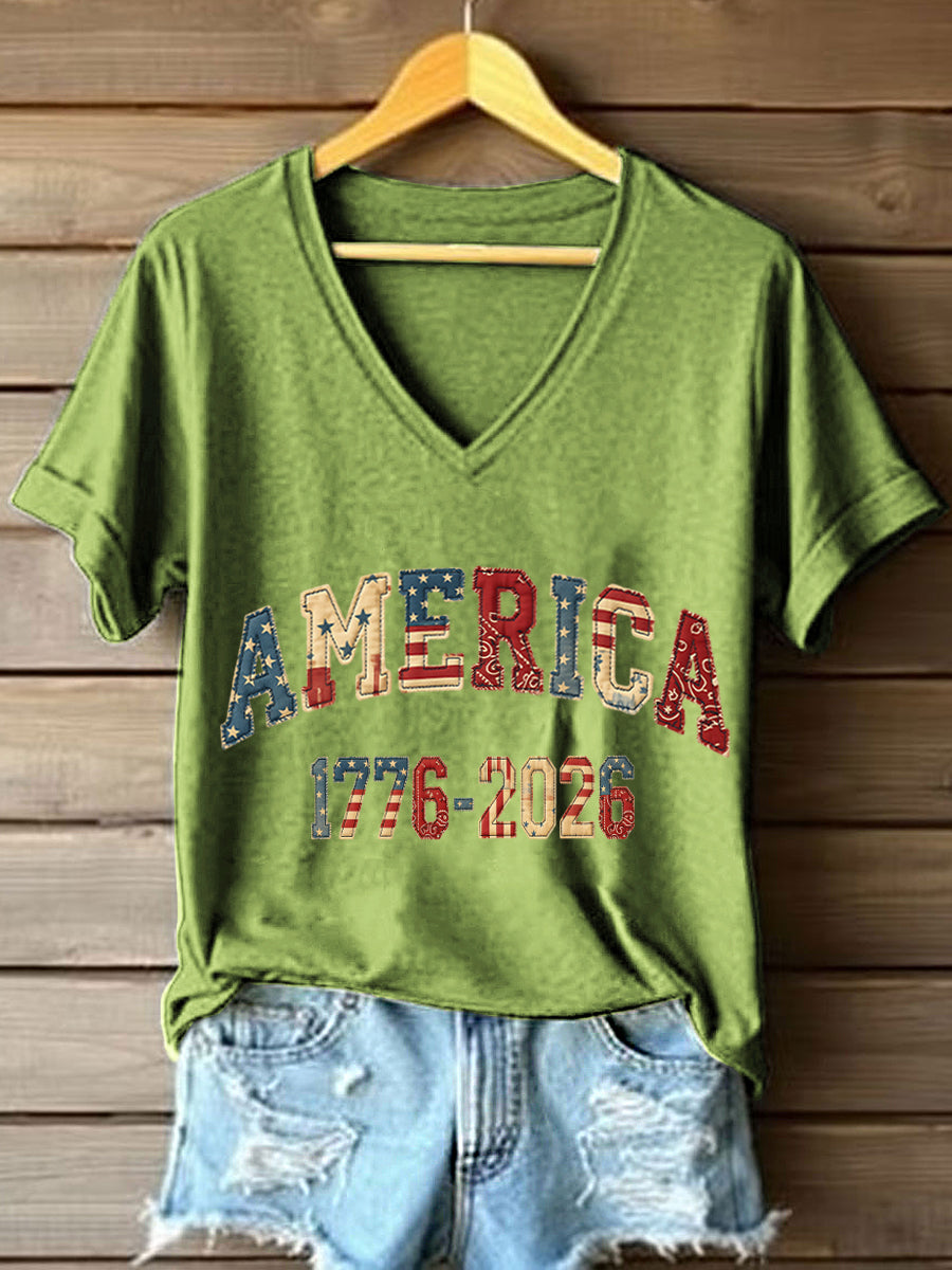 Women's America 1776-2026 Patchwork Pattern V-Neck T-Shirt