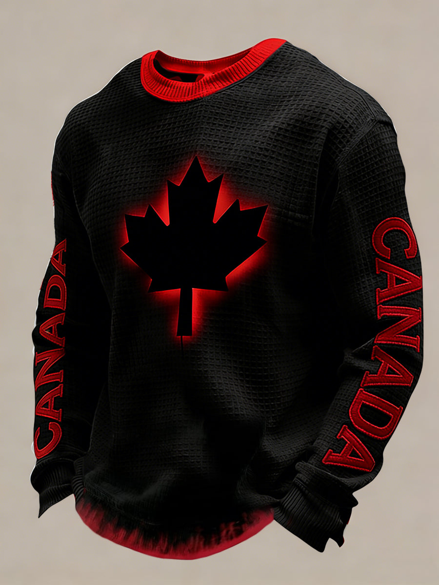 Retro Canadian Hockey Maple Leaf Casual Waffle-Weave T-Shirt
