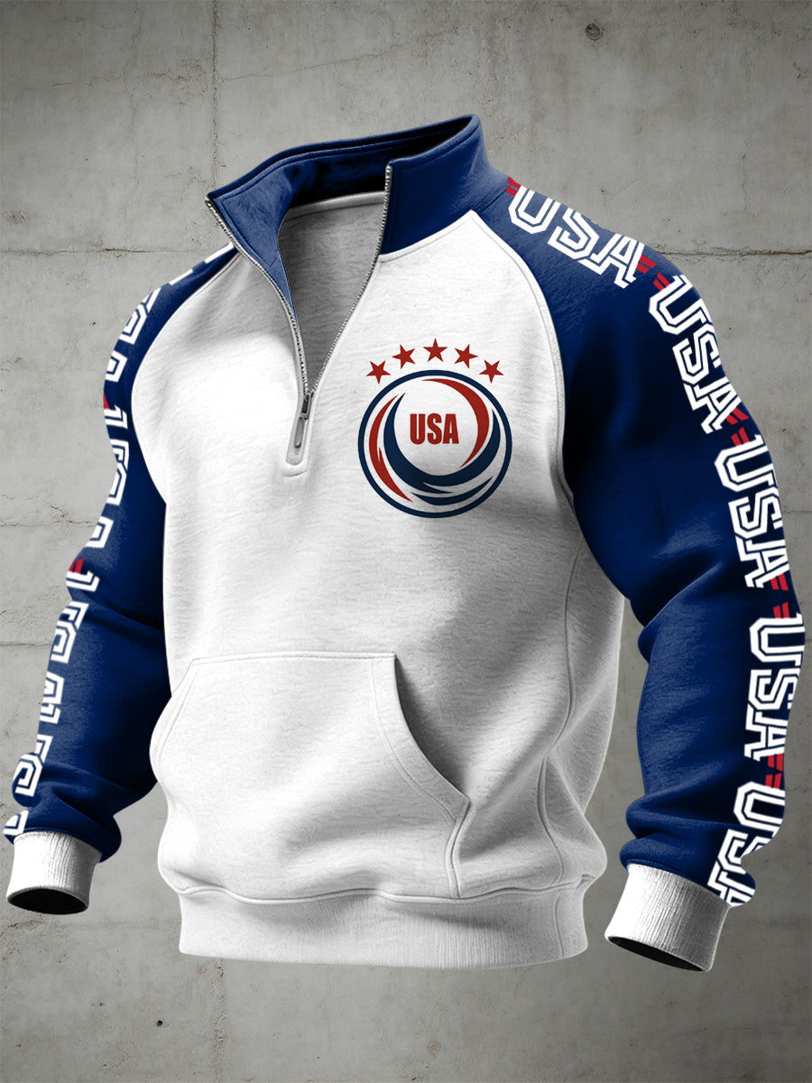 Men's USA Printed Half Zip Stand Up Collar With Raglan Sleeves Sweatshirt