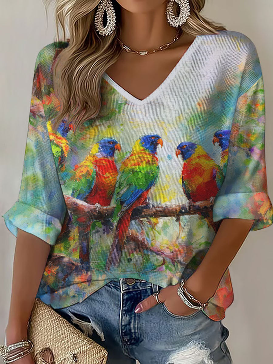 Women's Rainbow Lorikeet Art Printed Waffle T-shirt