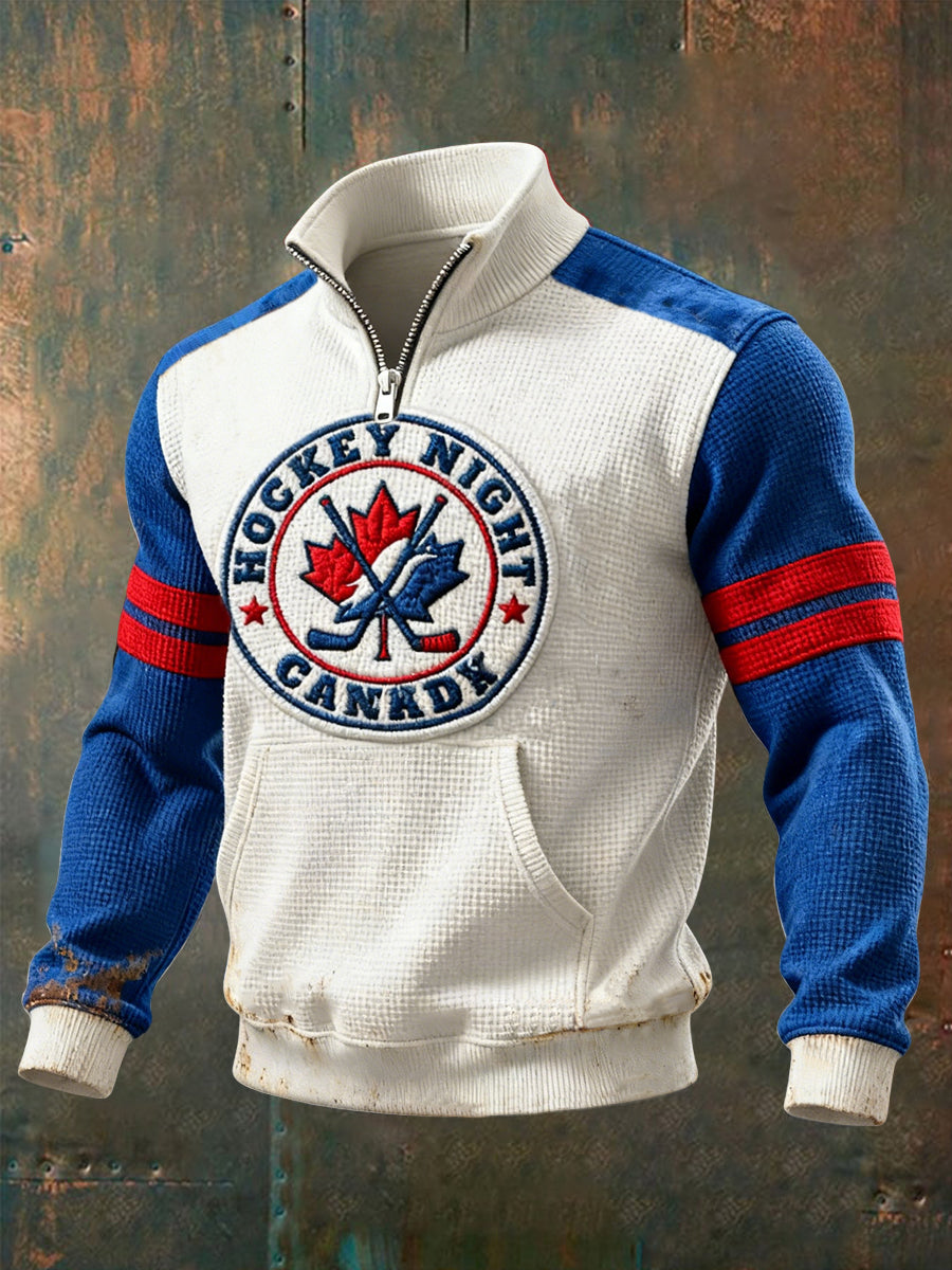 Retro Hockey Night in Canada Patchwork Casual Zip-Up Waffle Knit Pullover
