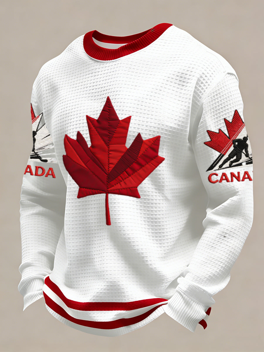 Retro Canadian Hockey Maple Leaf Casual Art Waffle Weave T-Shirt