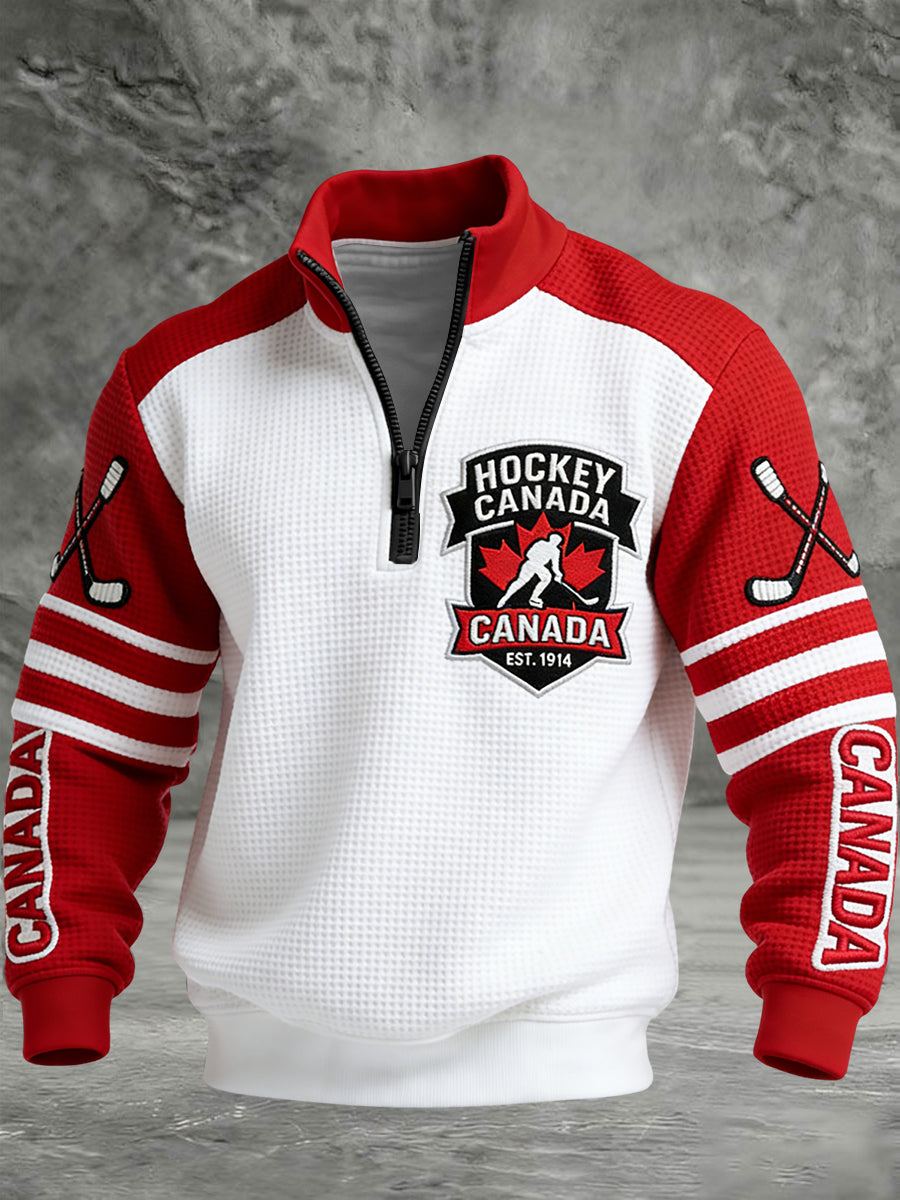 Retro Canadian Hockey Casual Waffle-Weave Pullover