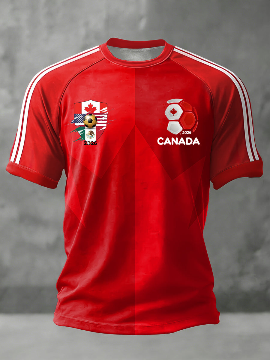 Retro Abstract Canada 2026 Soccer Maple Leaf Art Casual T-Shirt