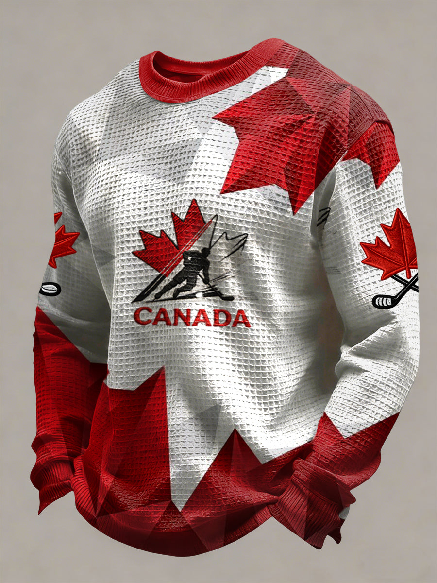 Retro Canadian Maple Leaf Flag Patchwork Casual Waffle Weave T-Shirt