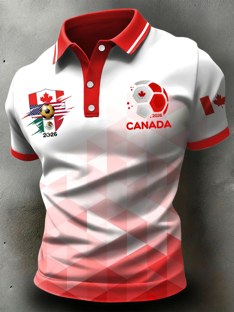 Retro Canadian 2026 Soccer Gradient Geometric Casual Polo Shirt