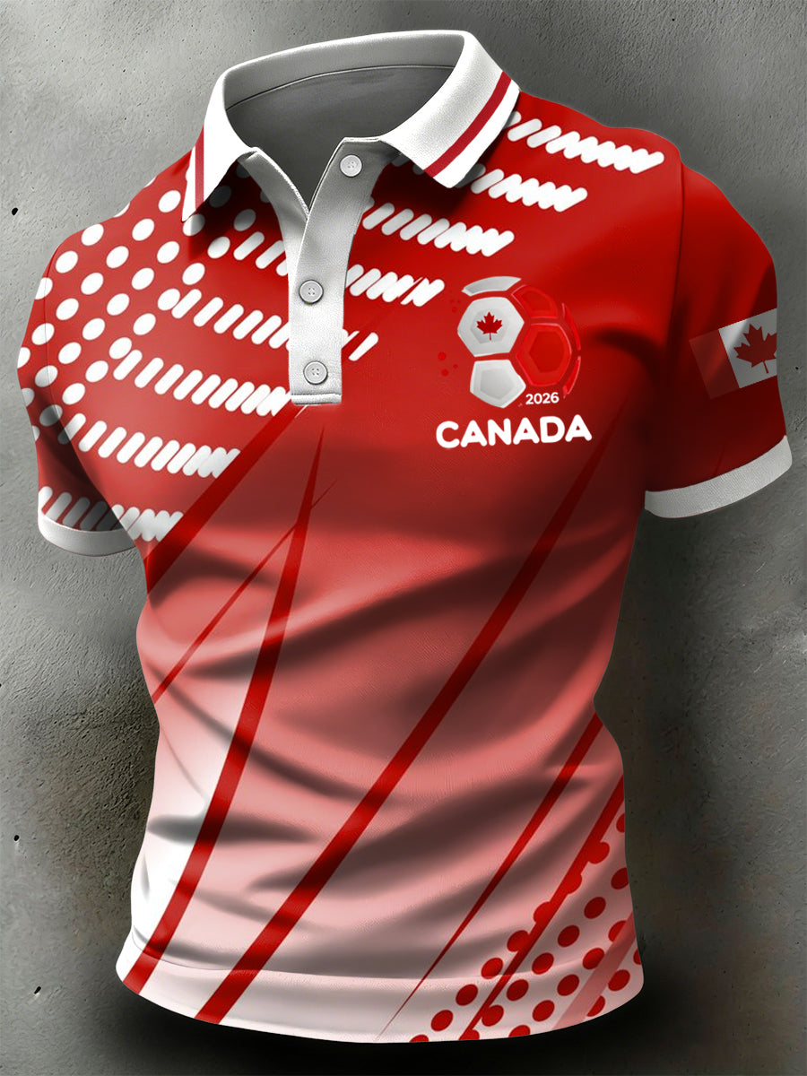 Retro Canadian 2026 Soccer Stripe Textured Art Casual Polo Shirt