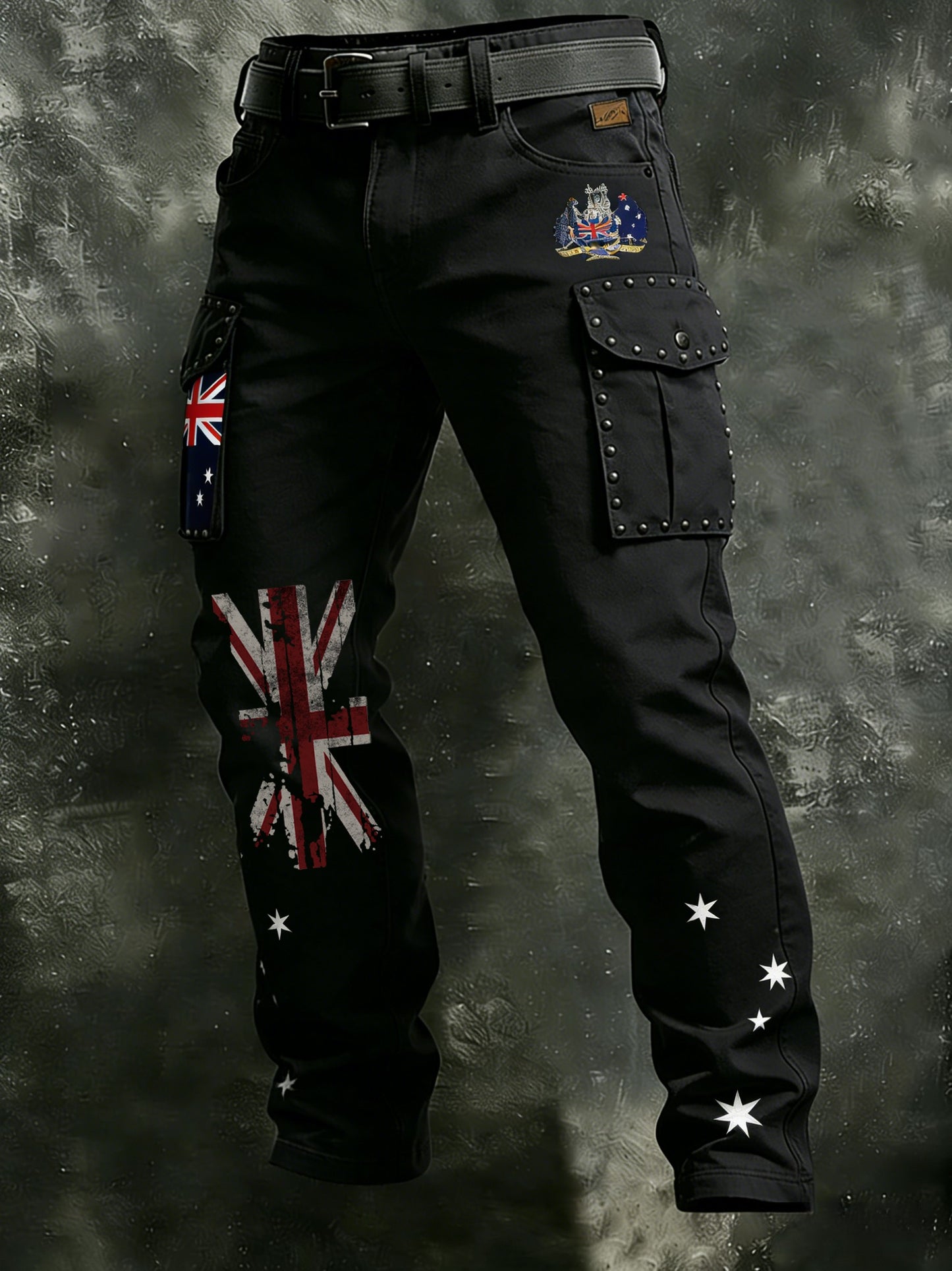 Men's Vintage Australian Flag Badge Distressed Pocket Cargo Pants