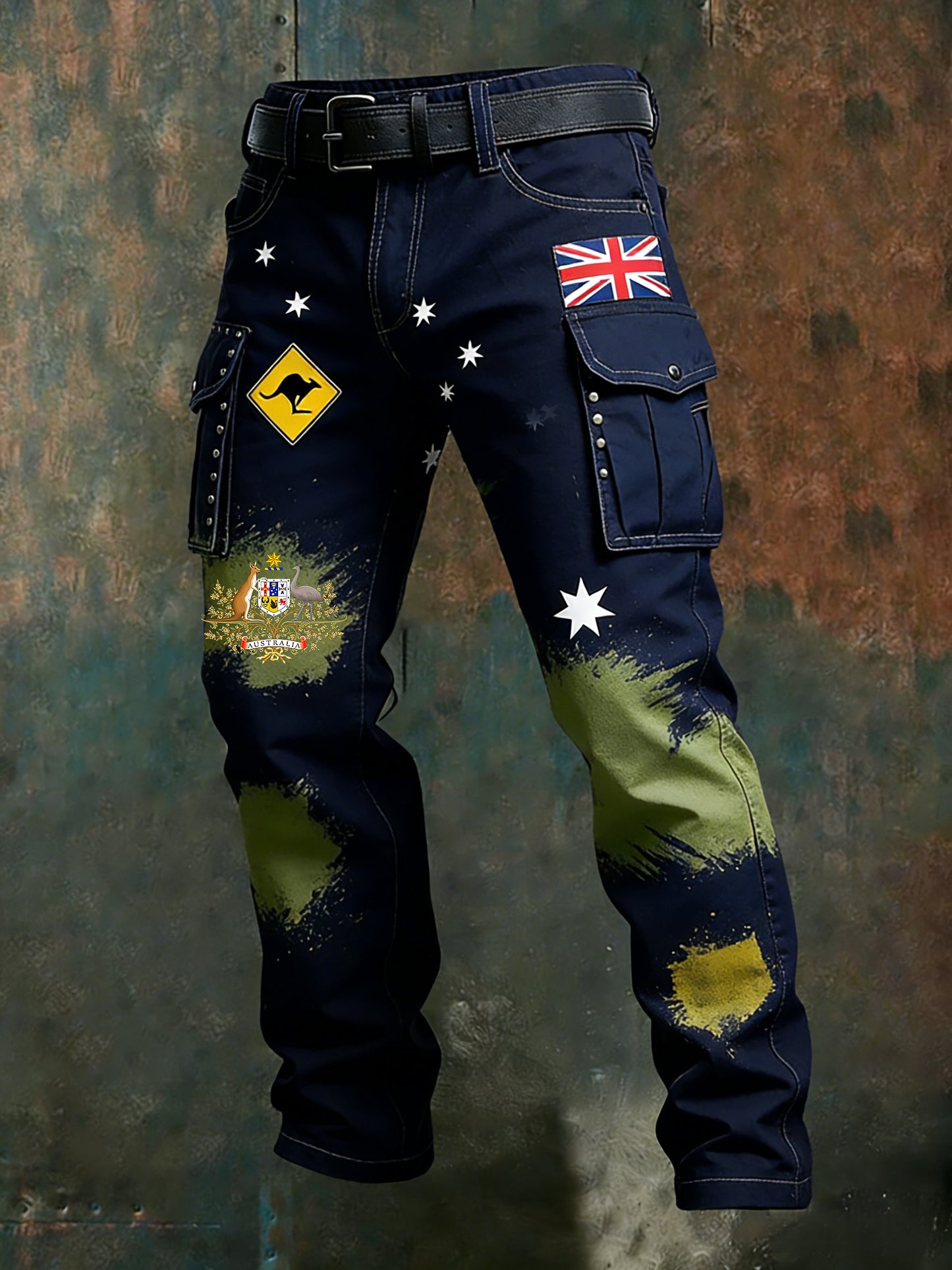 Men's Vintage Australian Flag Badge Distressed Pocket Cargo Pants
