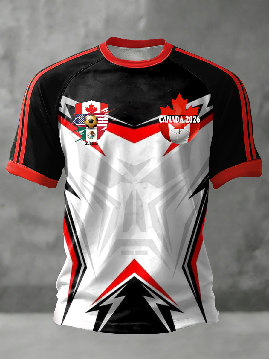 Retro Canada 2026 Football Symmetrical Geometric Casual T-Shirt