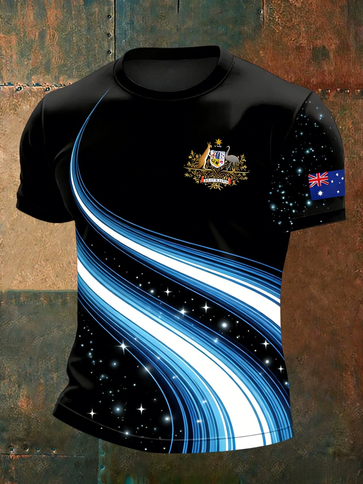 Vintage Australian Flag Badge Sports Stripe Print Casual Cotton T-Shirt