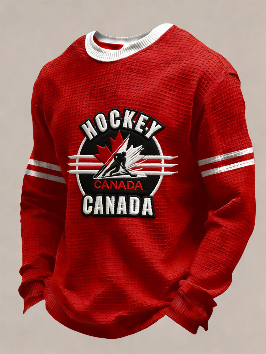 Retro Canadian Hockey Emblem Casual Waffle Weave T-Shirt