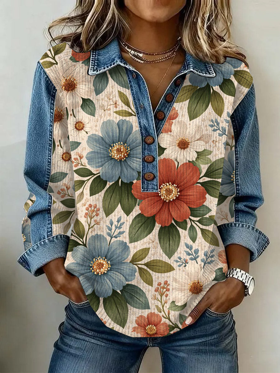 Women's Vintage Floral Print Casual Long-Sleeve Top