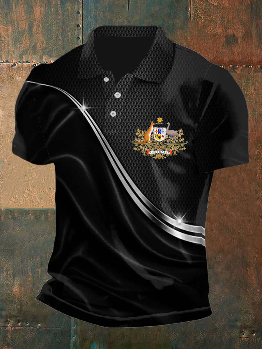 Men's Vintage Australian Flag Badge Lines Printed Casual Cotton Short Sleeve Polo Shirt