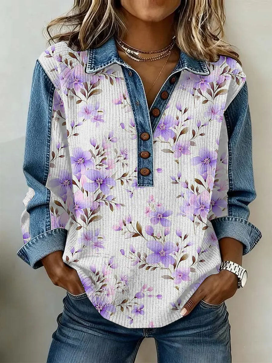 Women's Vintage Flowers Patchwork Print Casual Sweatshirt