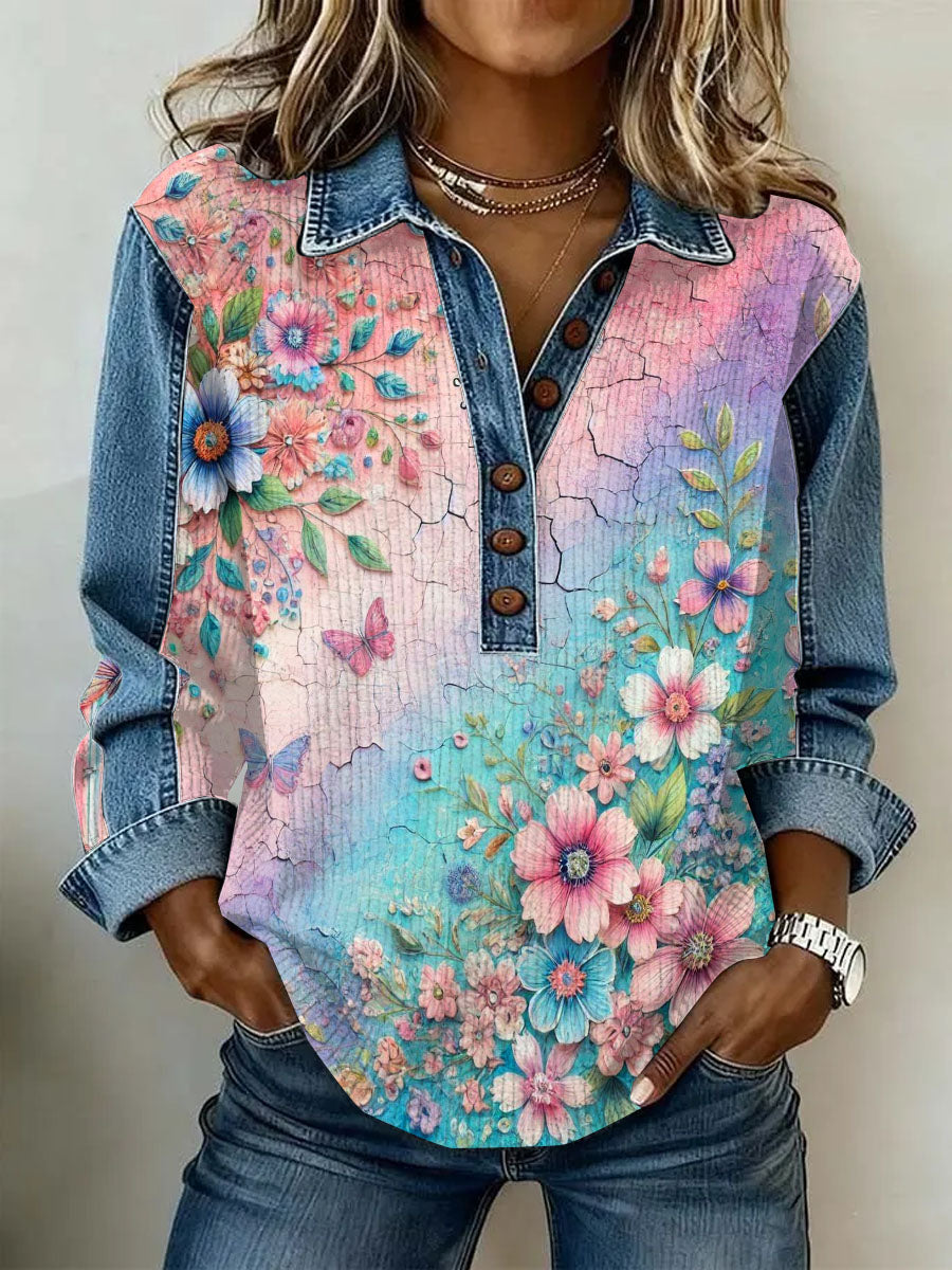 Women's Vintage Flowers Patchwork Print Casual Sweatshirt