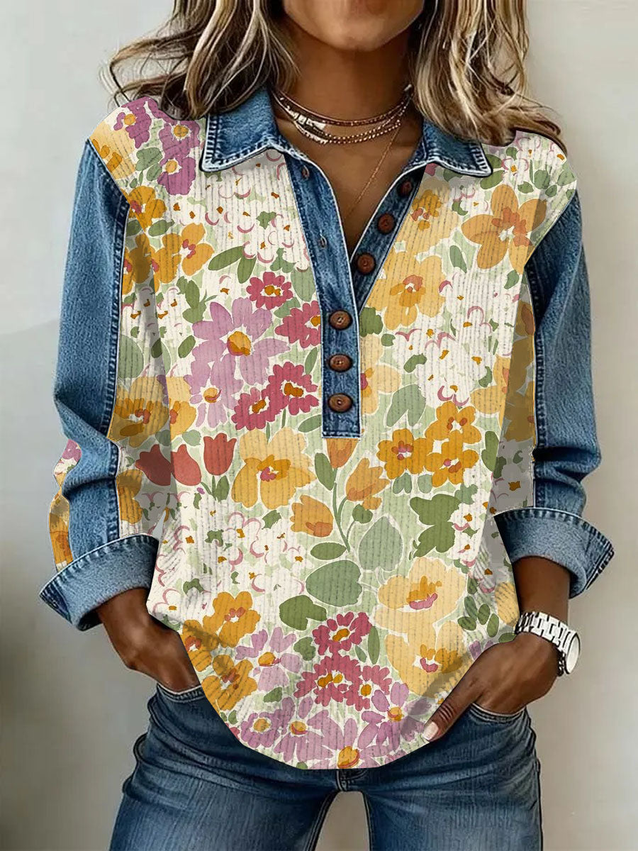 Women's Vintage Floral Print Casual Long-Sleeve Top