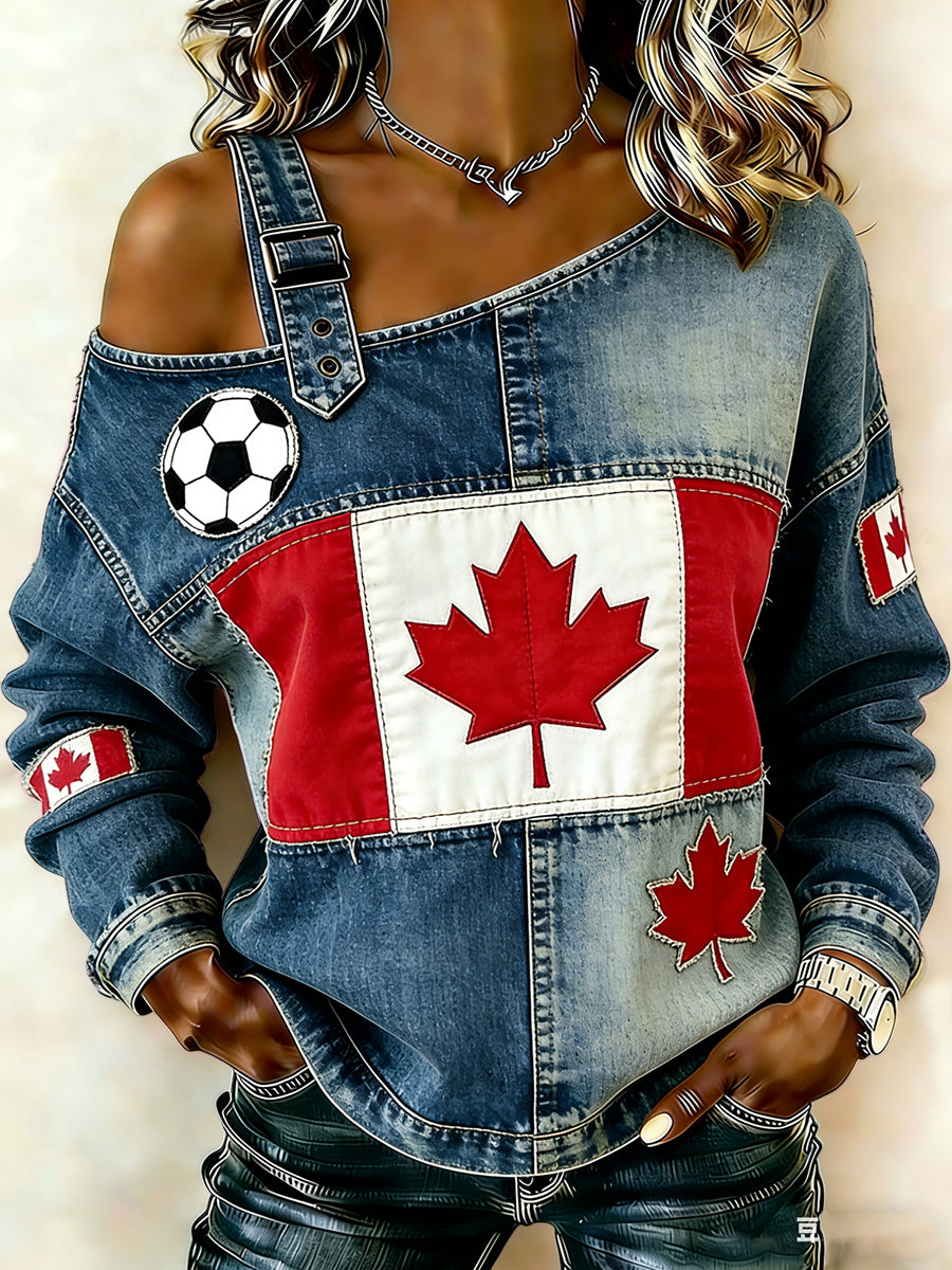 Women's Vintage Canadian 2026 Soccer Flag Off-Shoulder Casual Top