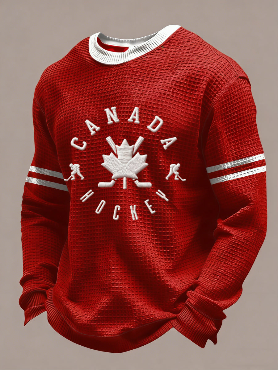 Retro Canadian Hockey Emblem Casual Waffle Weave T-Shirt