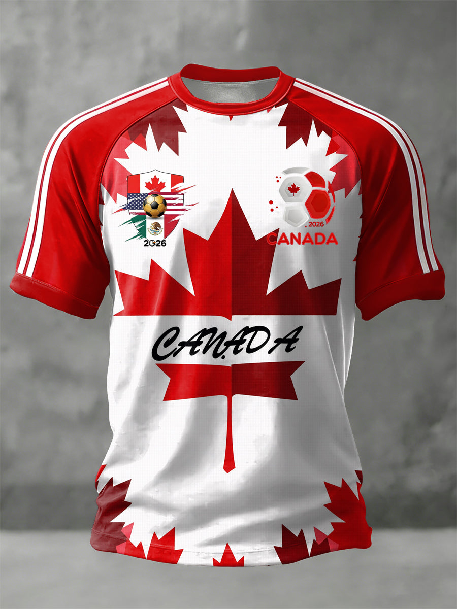 Retro Canada 2026 Soccer Maple Leaf Patchwork Casual T-Shirt