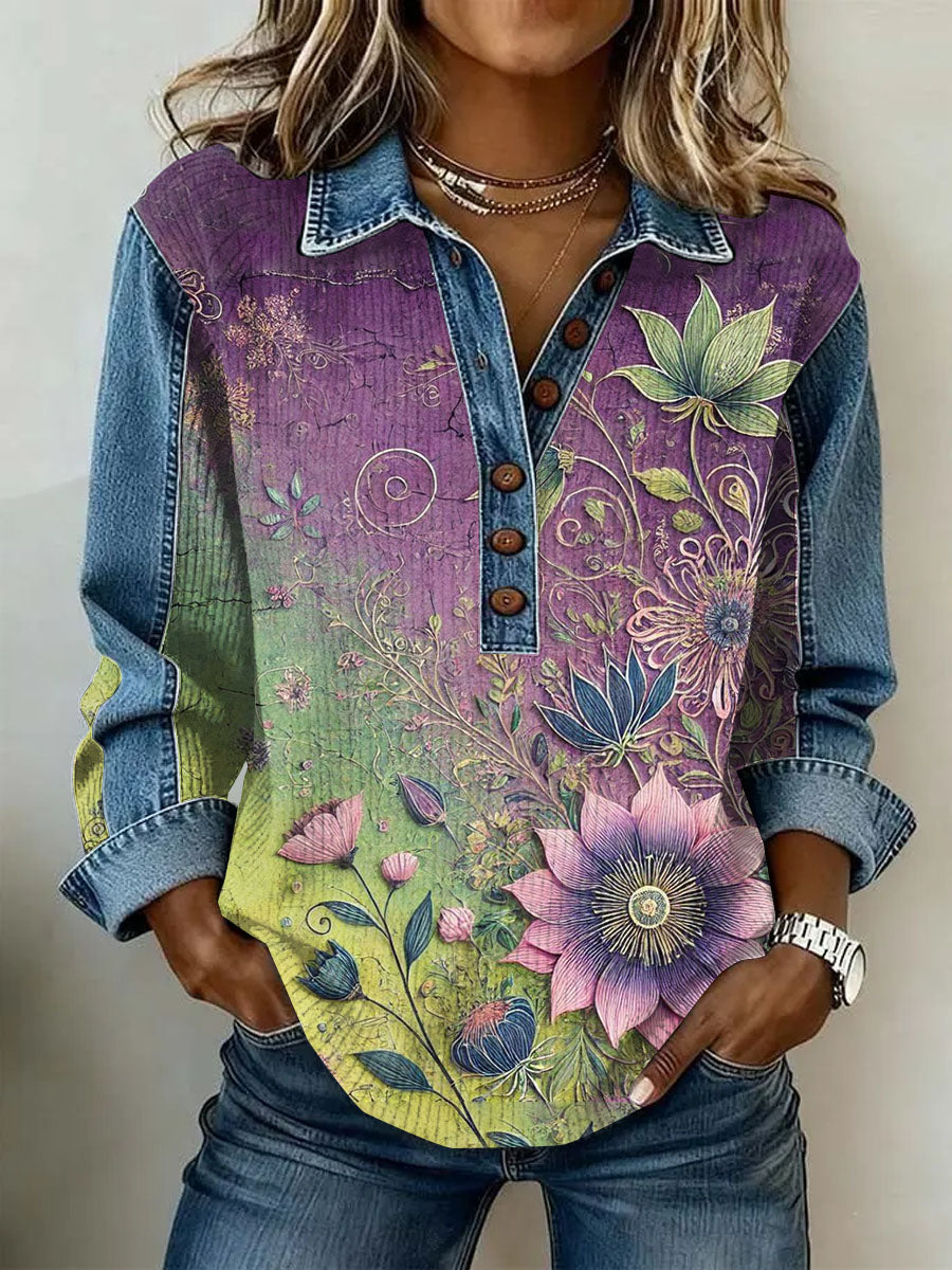 Women's Vintage Flowers Patchwork Print Casual Sweatshirt