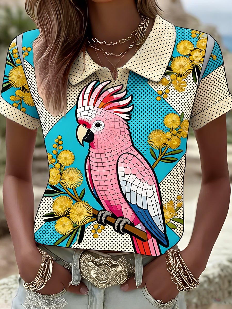 Women's Vintage Aussie Cute Pink Cockatoo Casual Short Sleeve Polo Shirt