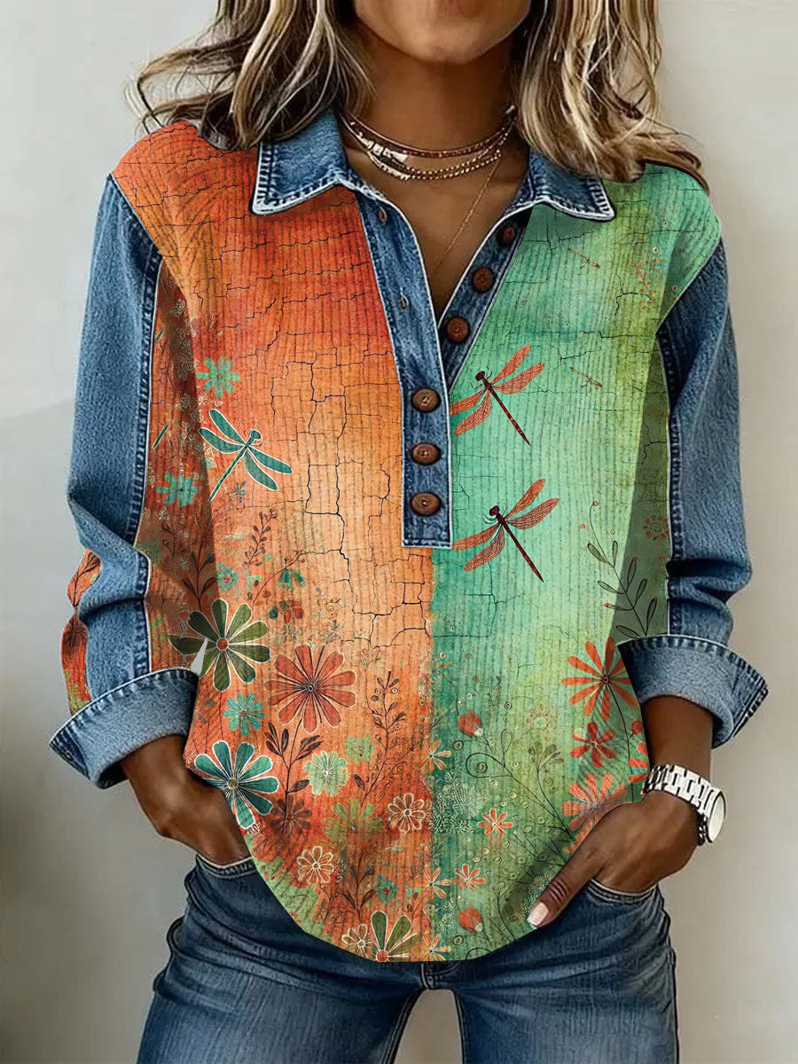 Women's Vintage Flowers Patchwork Print Casual Sweatshirt