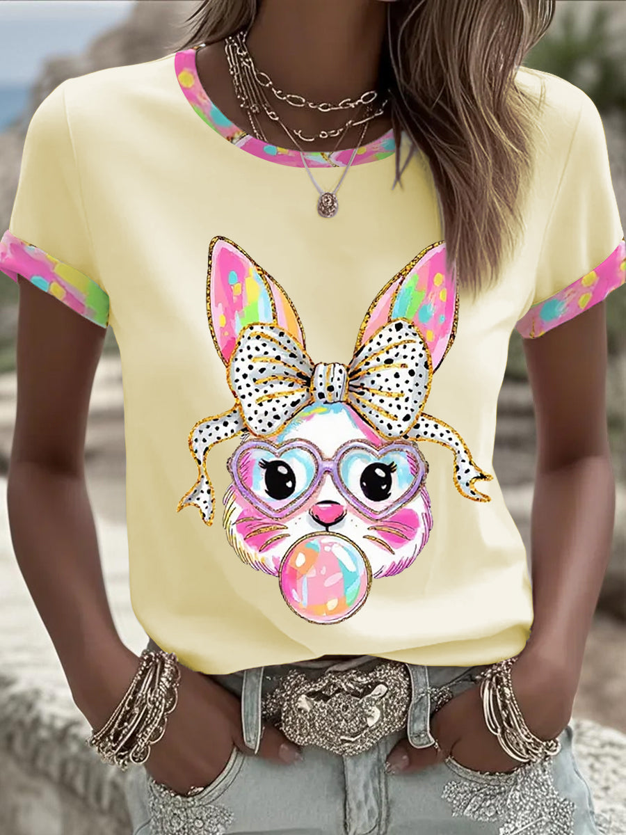 Women's Cute Glitter Easter Bunny Coquette Short Sleeve T-shirt