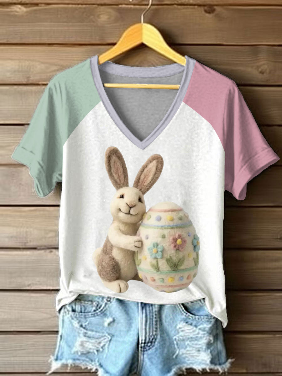 Women's Bunny Easter V-neck off-shoulder short-sleeved T-shirt