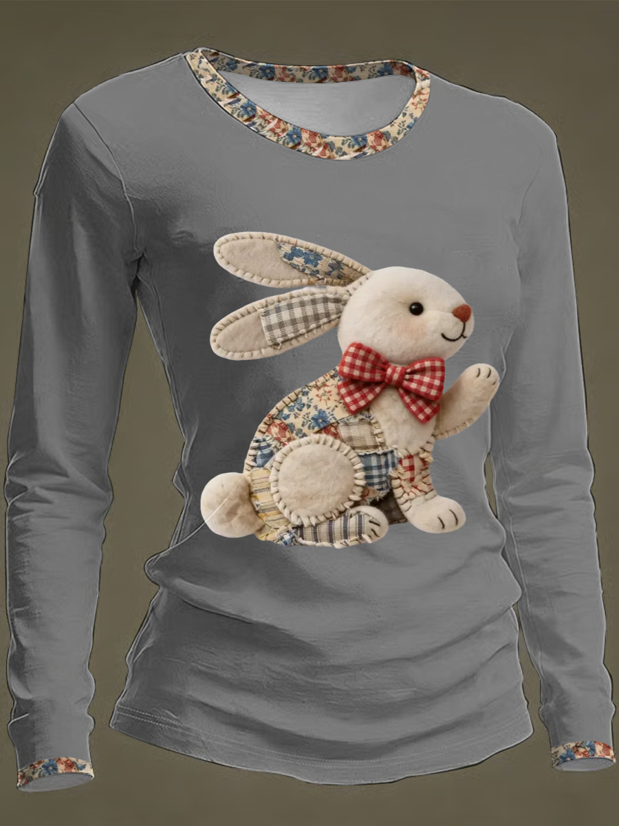 Women's Bunny Easter Round neck long sleeve T-shirt