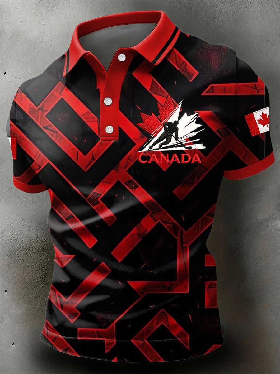 Retro Canadian Hockey Geometric Casual Polo Shirt
