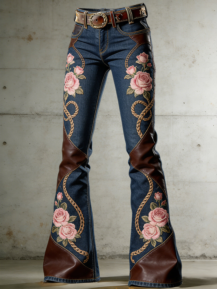 Women's Western Flowers Art Print Flared Trousers