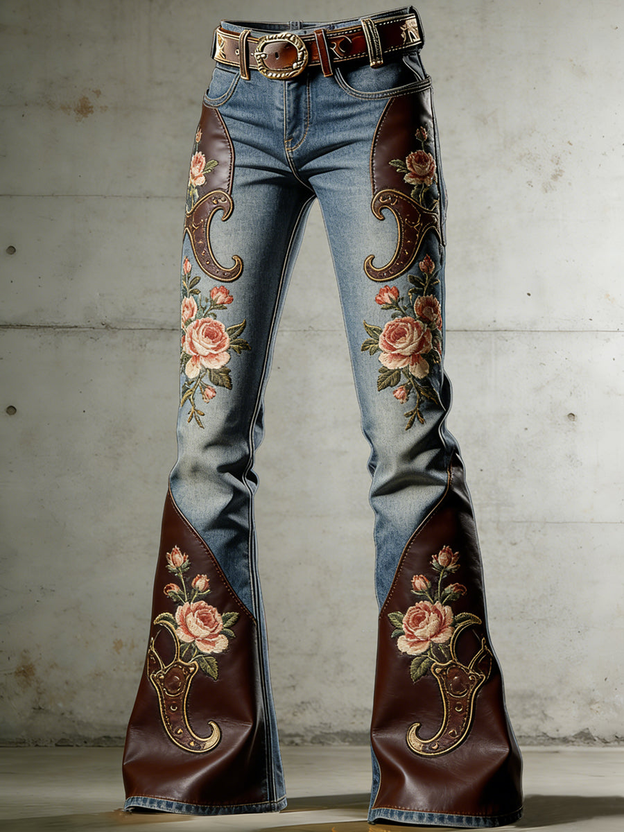 Women's Western Flowers Art Print Flared Trousers