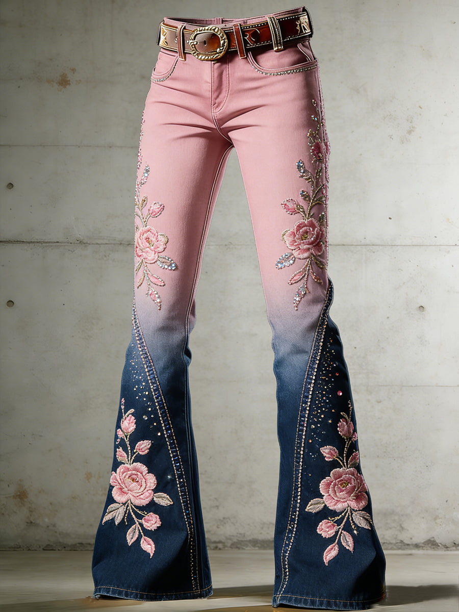 Women's Flower Art Print Flared Trousers