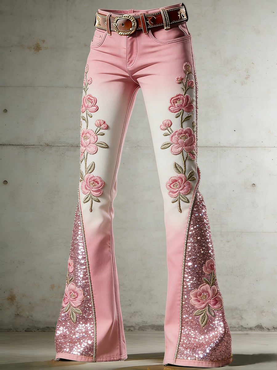 Women's Flower Art Print Flared Trousers