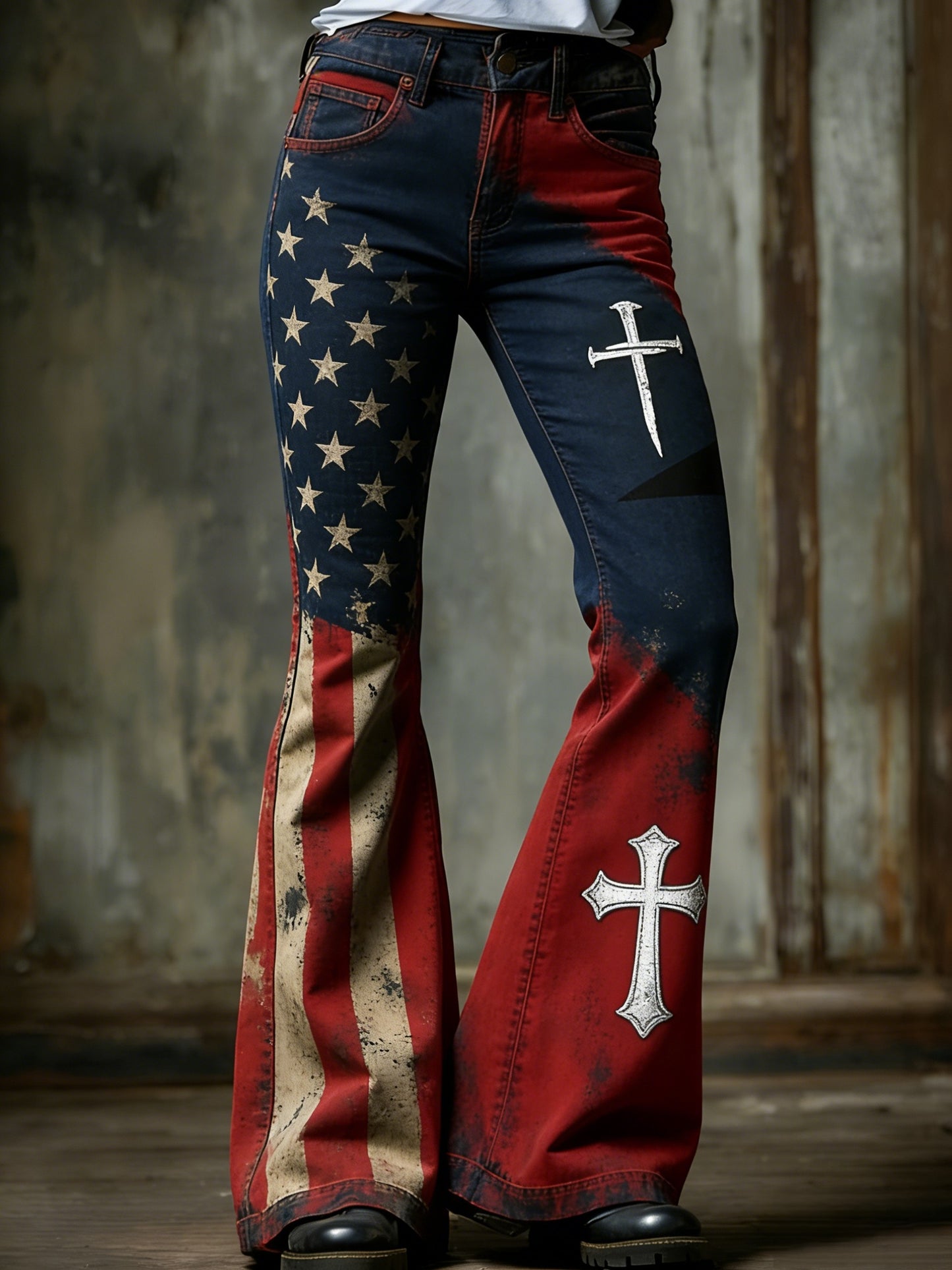 Women's Retro American Faith Cross Art Print Flared Trousers